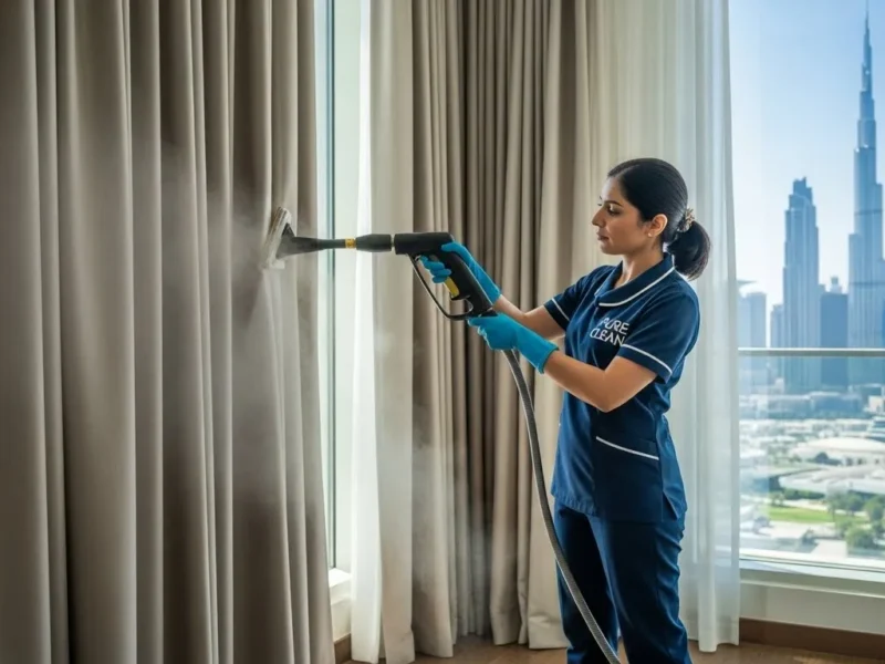 عامل محترف من بيور كلين يقوم بتنظيف ستارة بالبخار في شقة بدبي